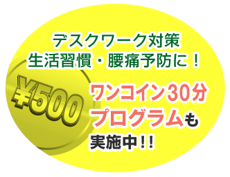 デスクワーク対策、生活習慣・腰痛予防に！ワンコイン30分プログラムも実施中！